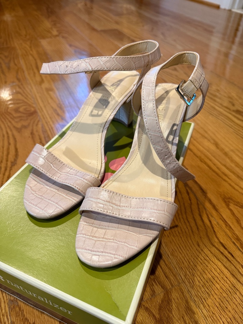 Nine West Croc-Embossed Ankle Strap Heels in Light Pink